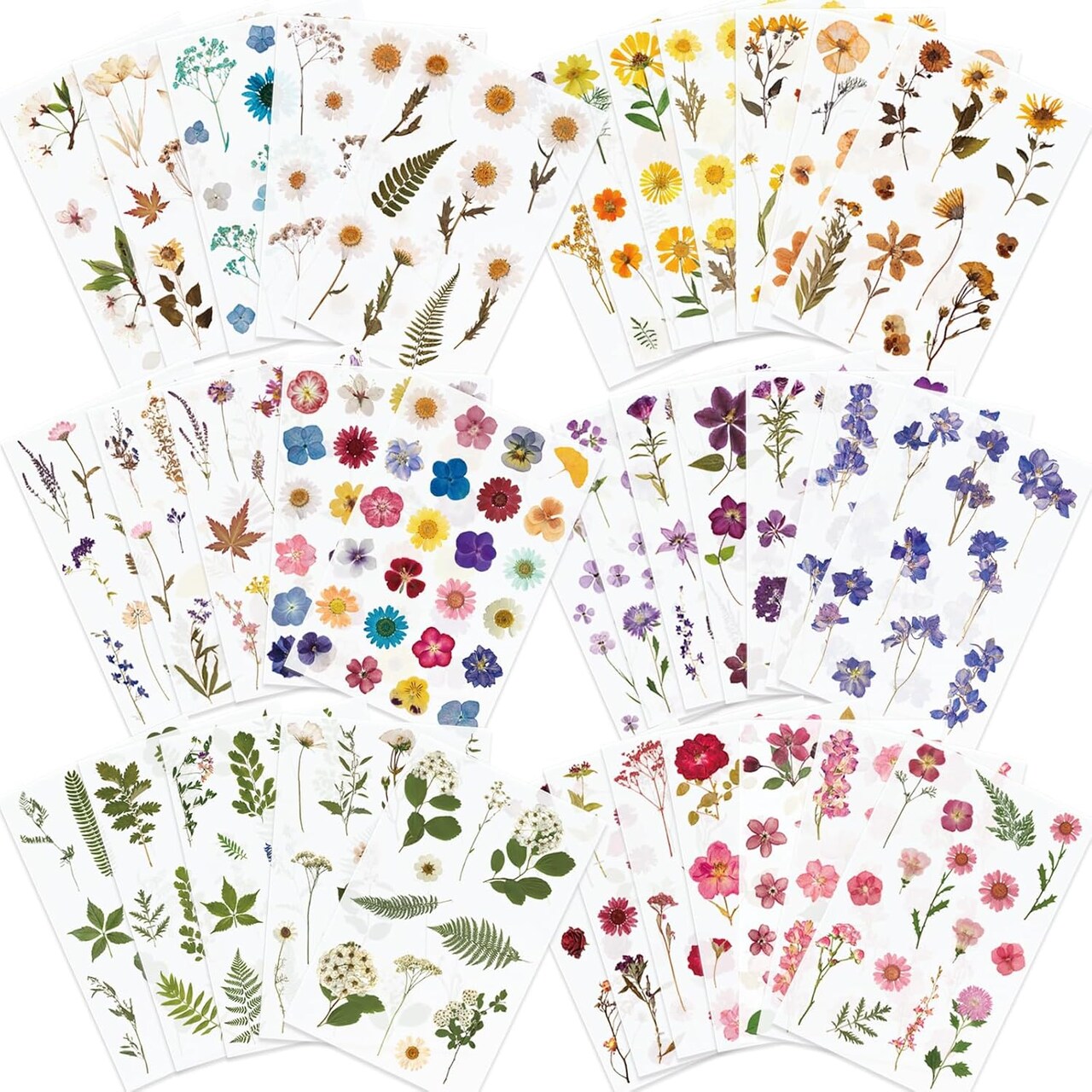Pressed Flower Themed Stickers Assorted 486 Pieces, 36 Sheets (White, Red, Pink, Yellow, Orange, Purple, Blue, Green) 6.7 x 4.3 x 0.2 inches